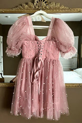 Blush Pink Pearls Corset Short Homecoming Dress, Princess Party Dress
